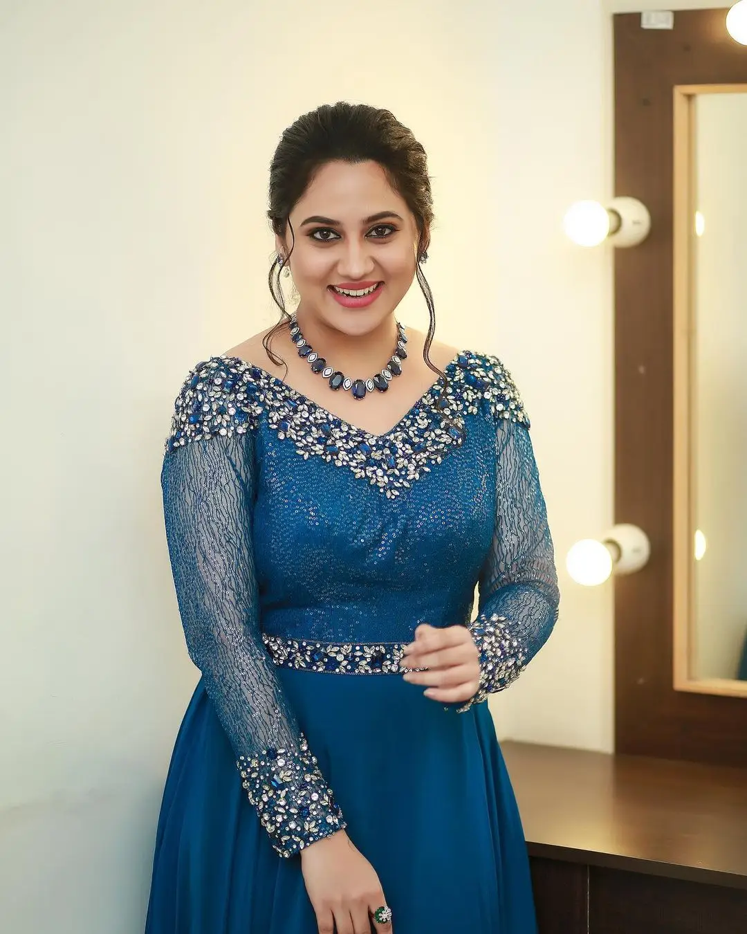 Miya George Wearing Beautiful Earring Jewellery Blue Dress